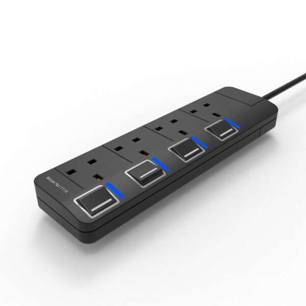 Black Extension Cord 2M Lead 4 Way Plug