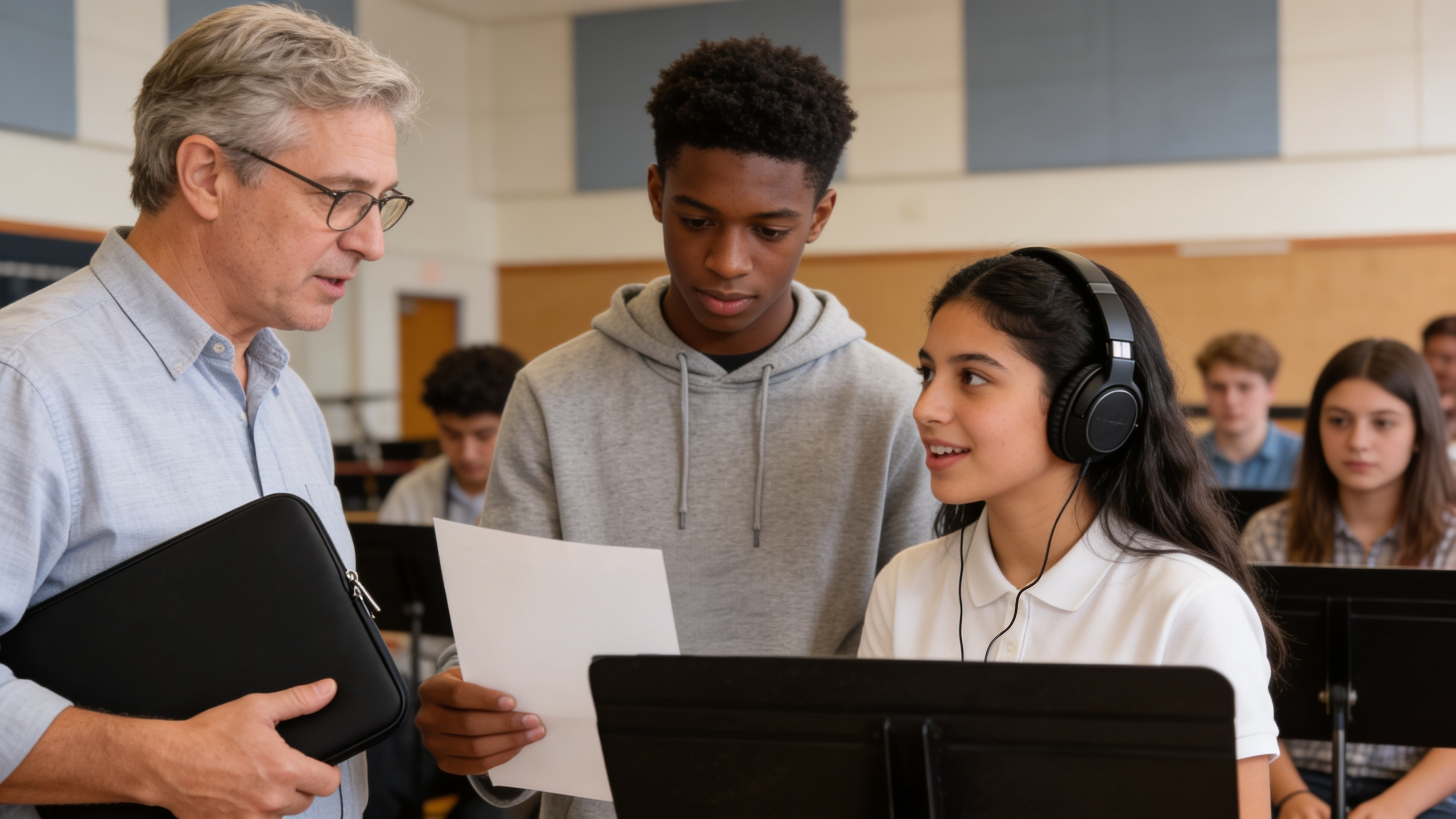 multi-ethnic-students-in-a-music-class-wearing-music-equipment