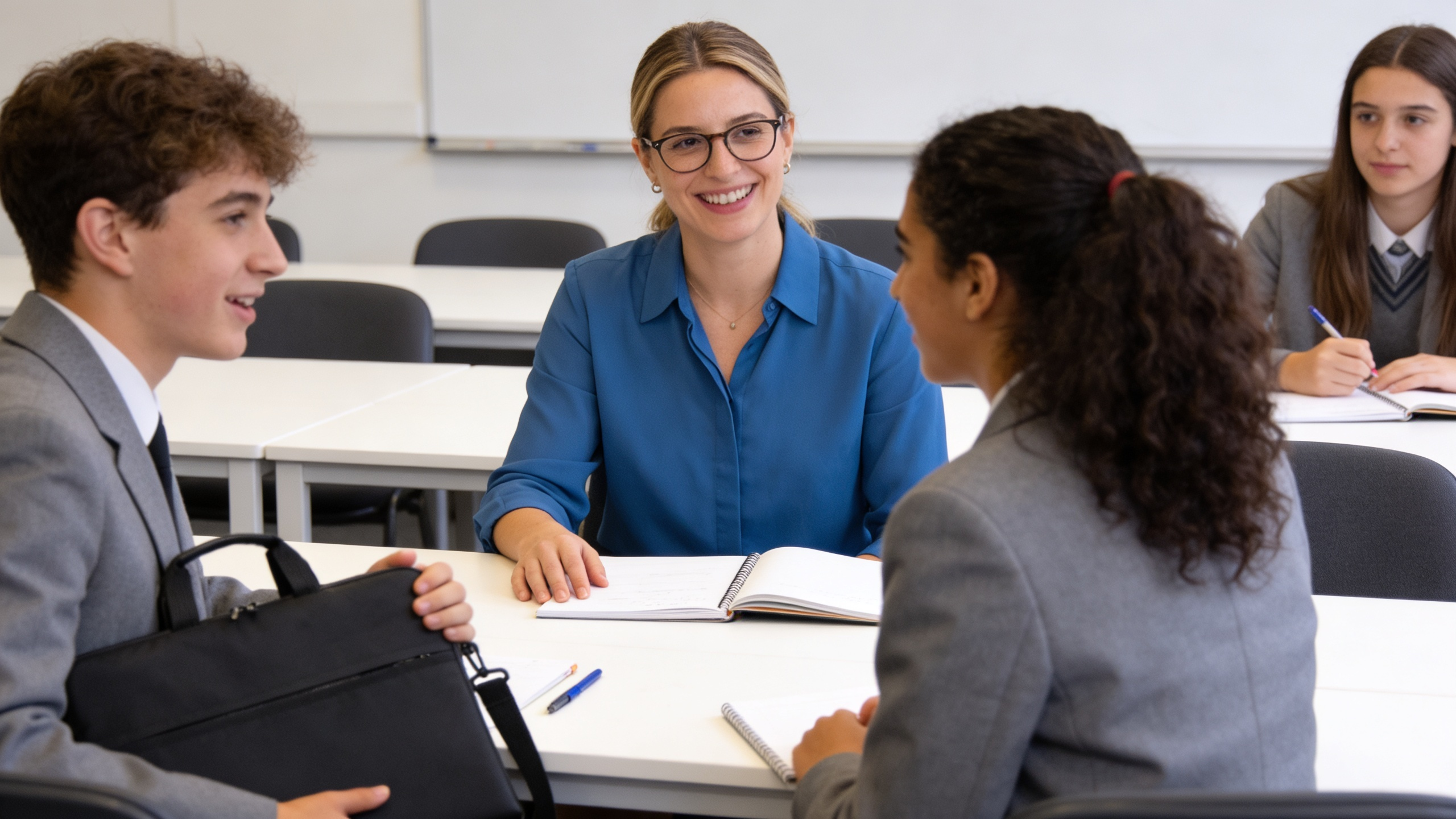 English teacher in a British grammar school giving after school language tutoring for a small group of students