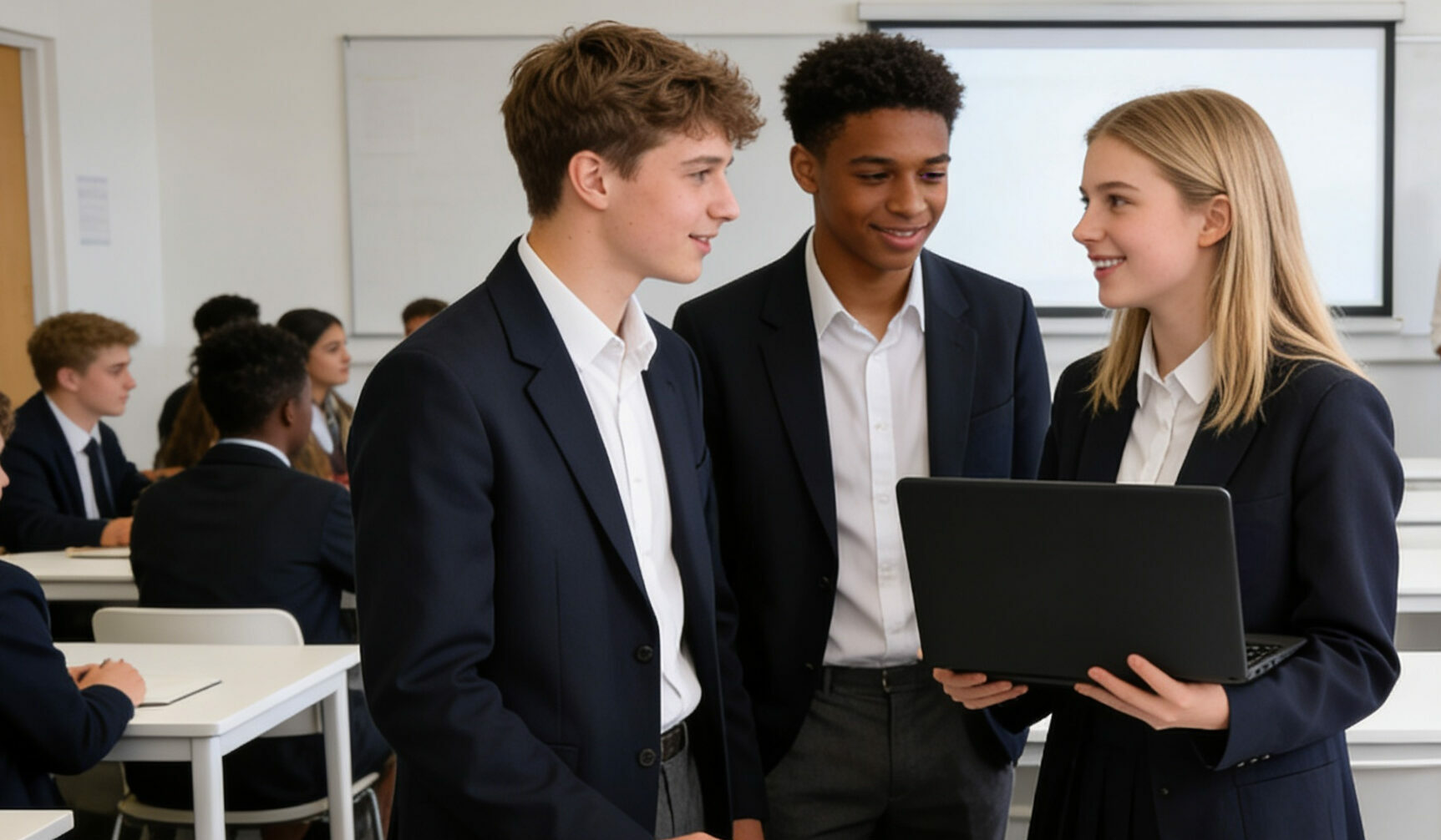 a mix group of teenage students discussing a presentation using a grey laptop for research and powerpoint