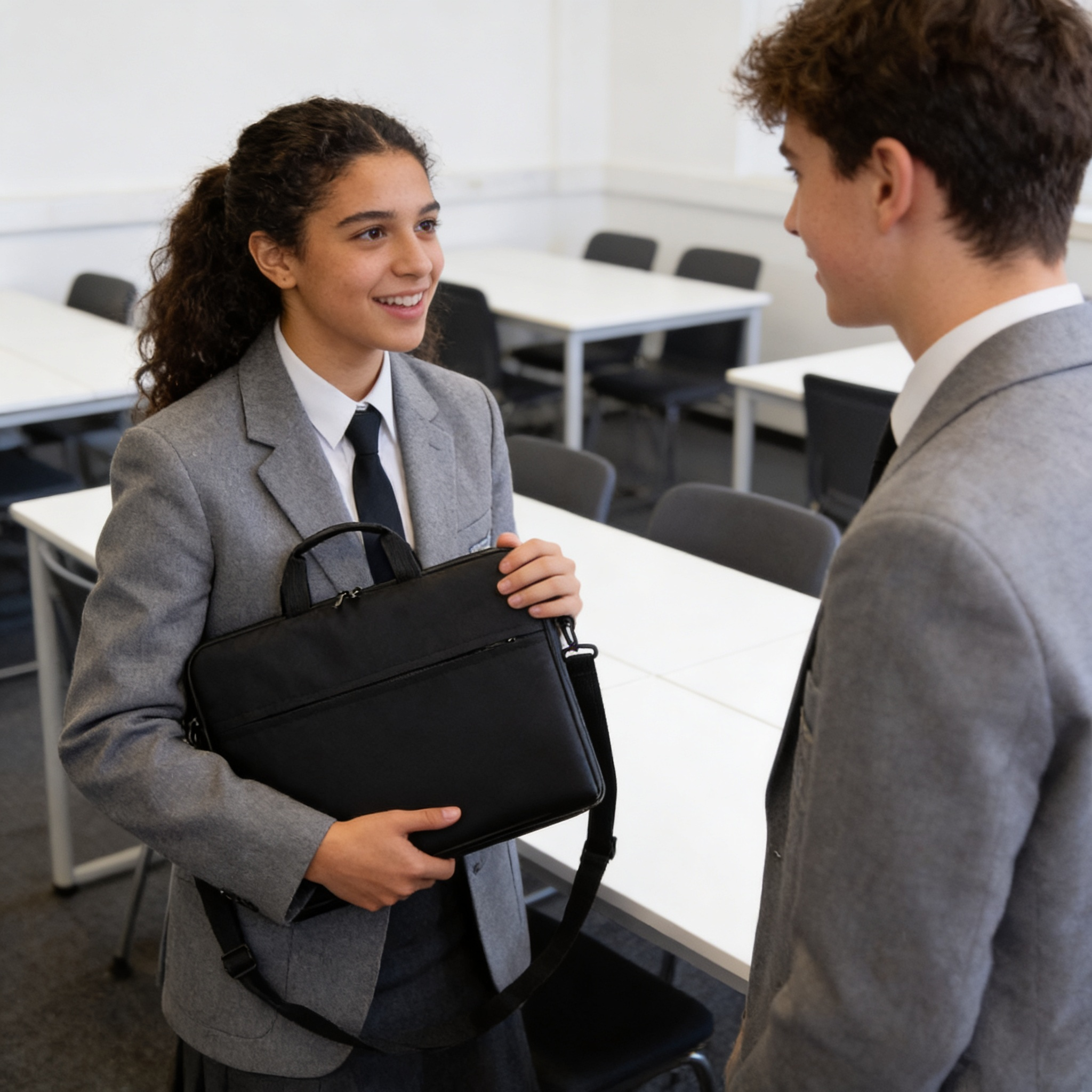 Teenage mexican girl holding a black laptop case accessory with shoulder strap
