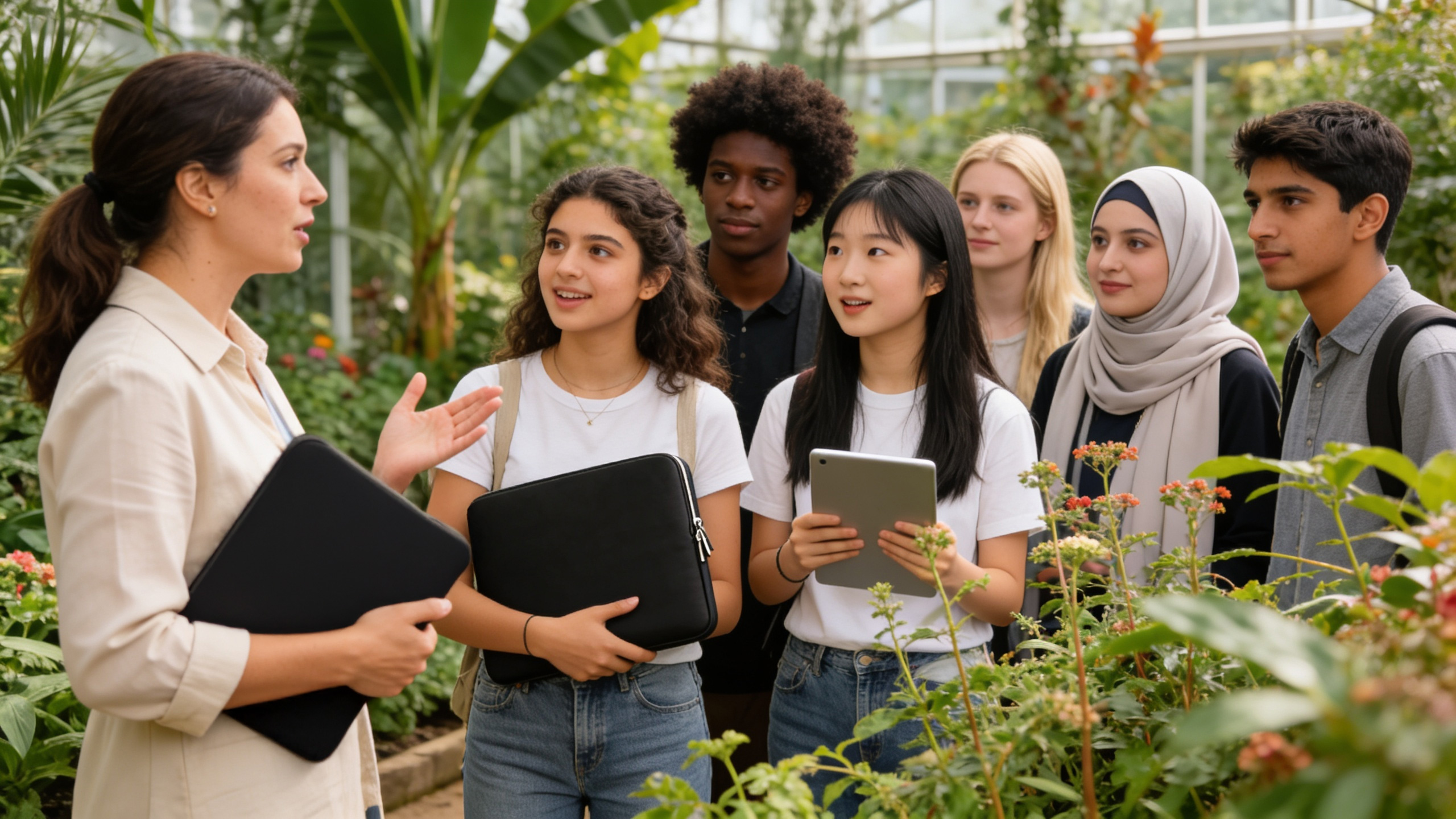 A mix group of teenage students in UK on a field trip in kew gardens